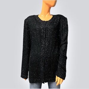 ALLURE Plus Size Silk Black Beaded Cardigan Style Evening Jacket